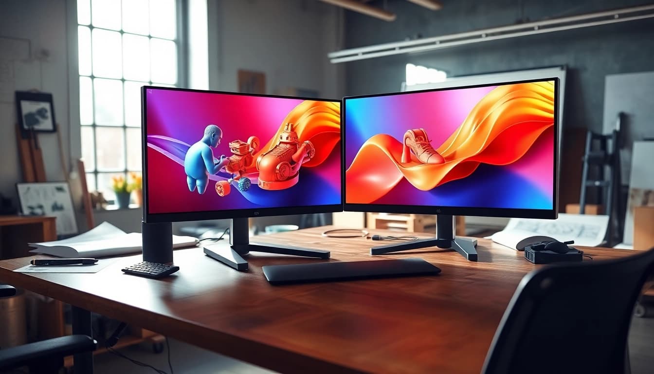 3D Visualisierung erstellen am Computer: Detailreiche 3D-Modelle auf Monitoren und kreatives Arbeitsumfeld.