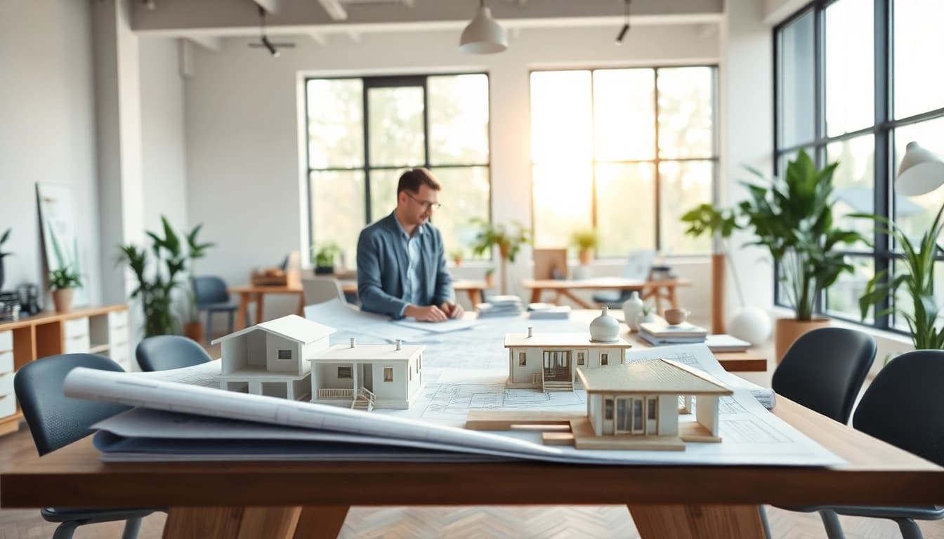 Contact residential architect Boston discussing design plans in a bright office space.