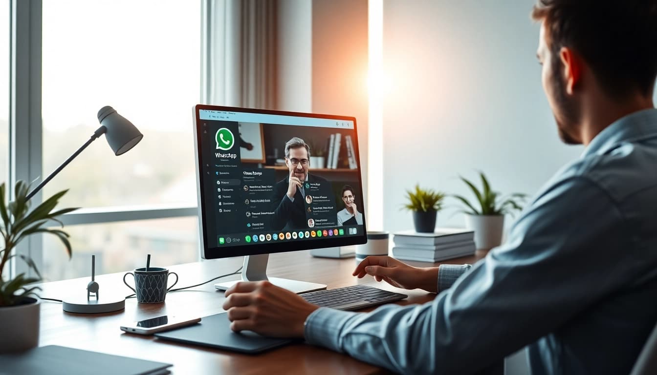 展示了 WhatsApp Web 的互动工作区，凸显现代沟通。