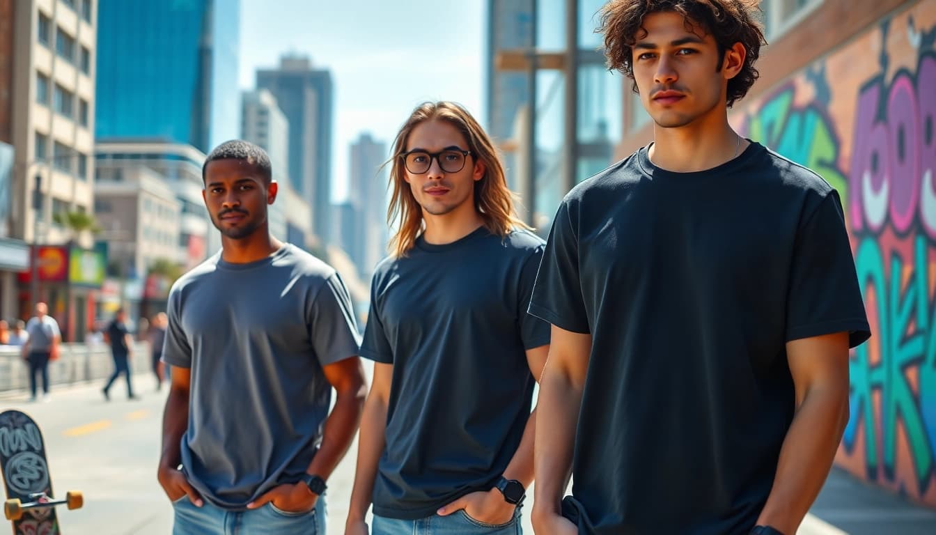 Showcase of the best blank t shirts worn by models in an urban setting.