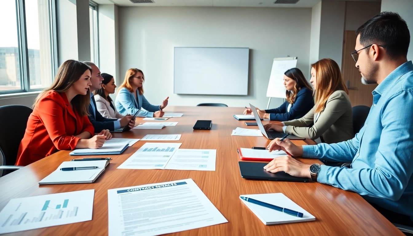 Engaged professionals discussing Federal and State contracts in a modern meeting room.