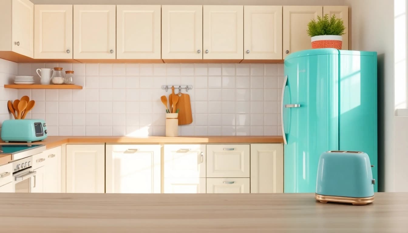 Bright kitchen featuring retro appliances like a mint green refrigerator, adding nostalgic charm.
