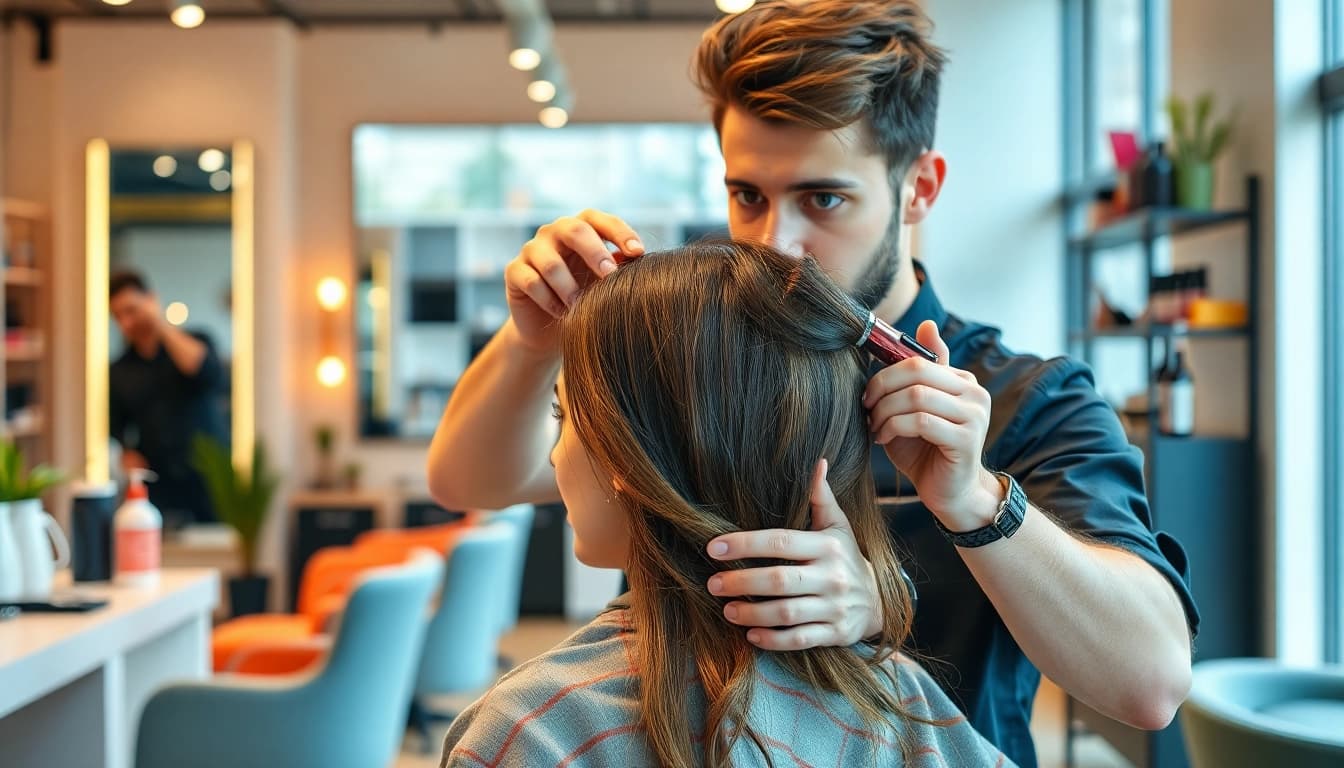 A skilled hair stylist bucuresti working on a client's hairstyle in a modern salon.