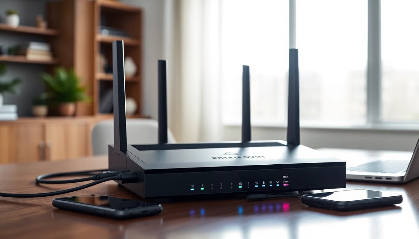 Set up a pre configured vpn router uk in a modern home office with sleek design and efficient connectivity.