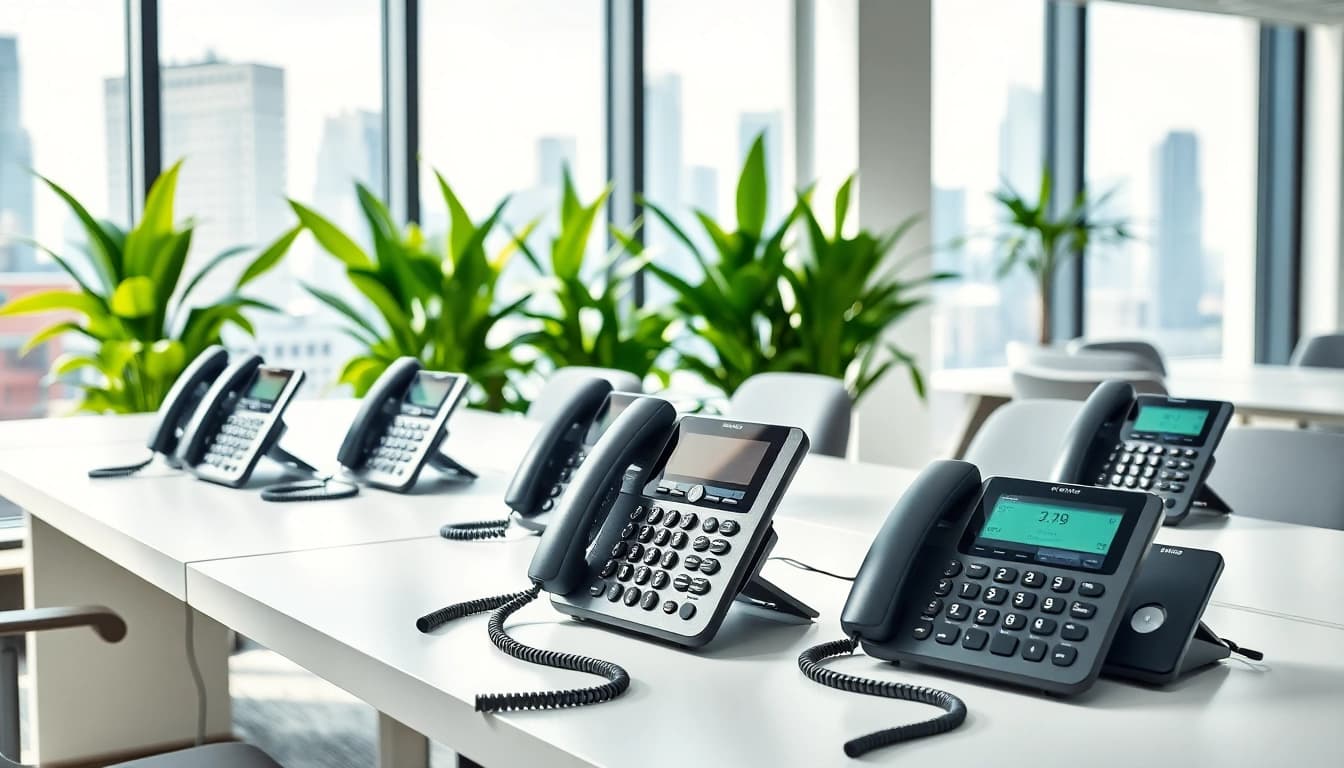 Explore advanced telephone systems in a sleek, modern office setting.