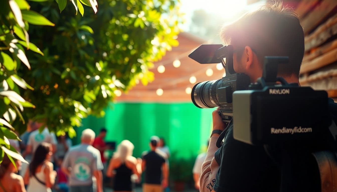 Videographer capturing lively outdoor event scene, highlighting engagement and vibrant atmosphere.