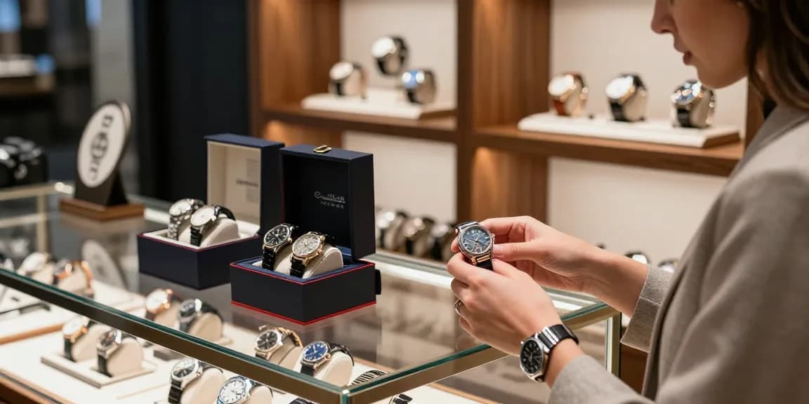 Shopper exploring luxury 시계 레플리카 in a modern boutique.