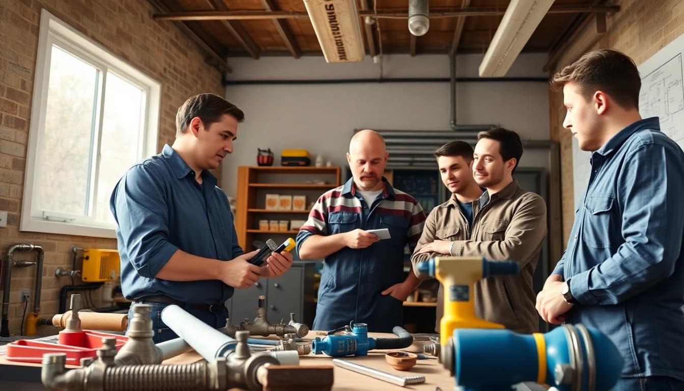Engaging plumbing apprenticeship training session with a skilled instructor teaching eager students.