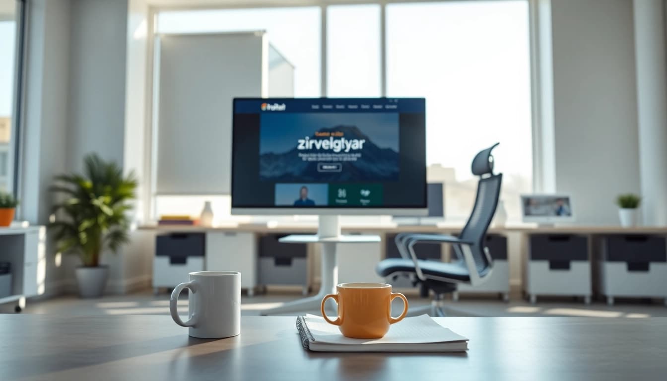 zirvegrupbilgisayar web sitesini gösteren modern bir ofis ortamı.