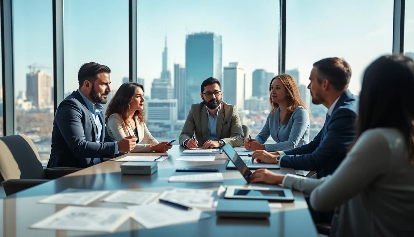 Engaged team discussing das 140 regulations in a modern office setting.