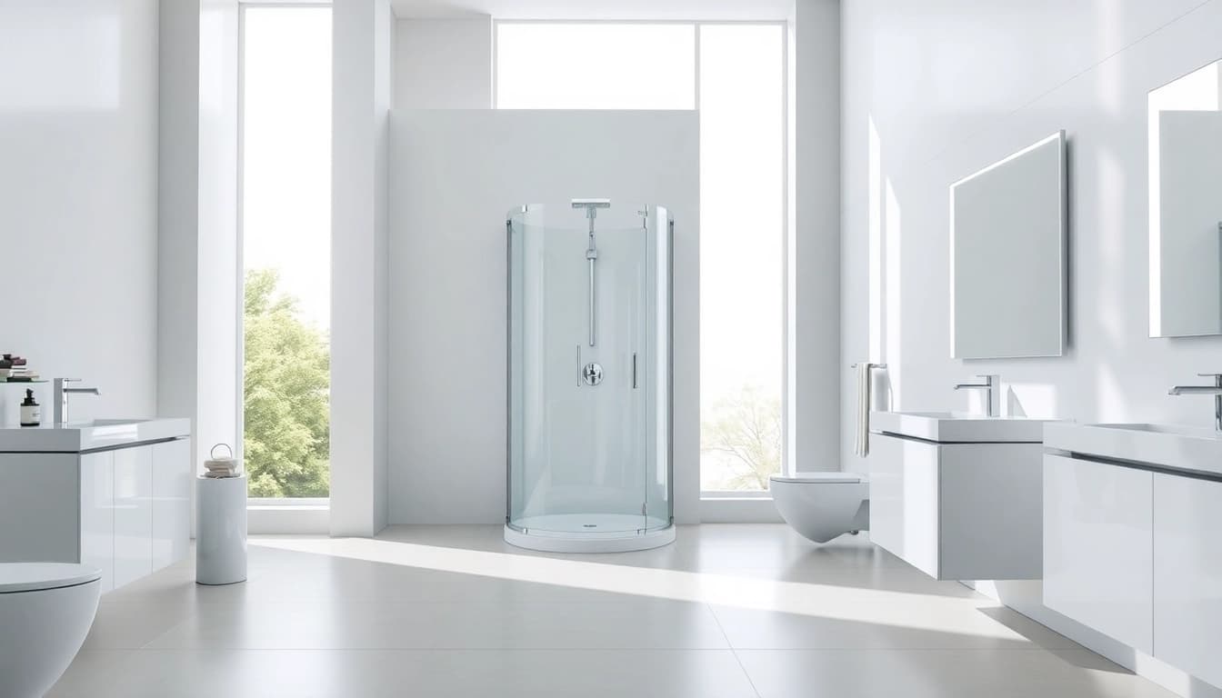 Examine the sirhona design for a modern bathroom featuring elegant shower installations et miroir éclairé.