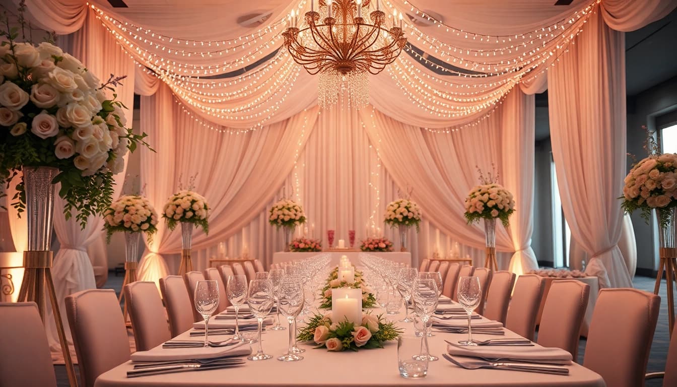 Im Hochzeitsaal glänzen majestätische Fliederblüten und festliche Dekoration, eine perfekte Feier.