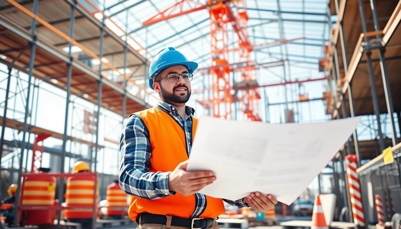 New Jersey General Contractor inspecting blueprints at a vibrant construction site.