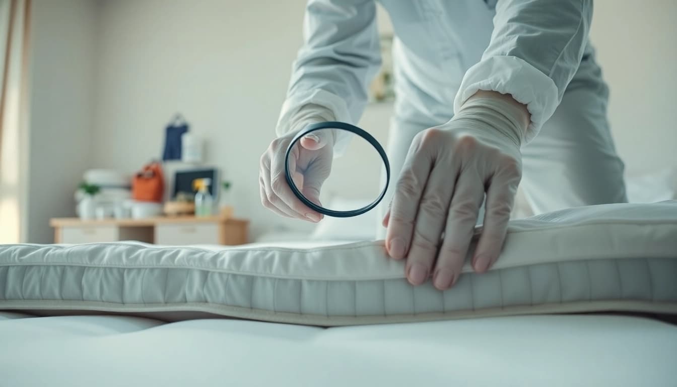Technician performing bed bug removal by inspecting a mattress with a magnifying glass.