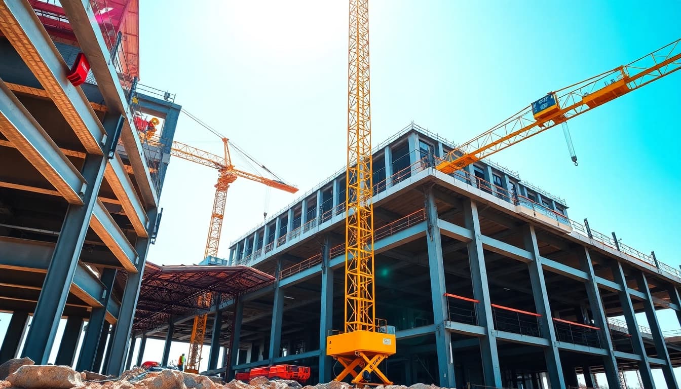 Workers engaged in structural steel construction at a dynamic building site.