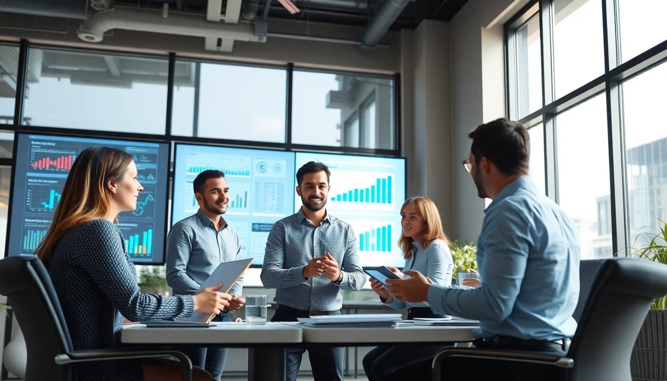 Conducting a Content Gap Analysis with a professional team in a modern office setting.