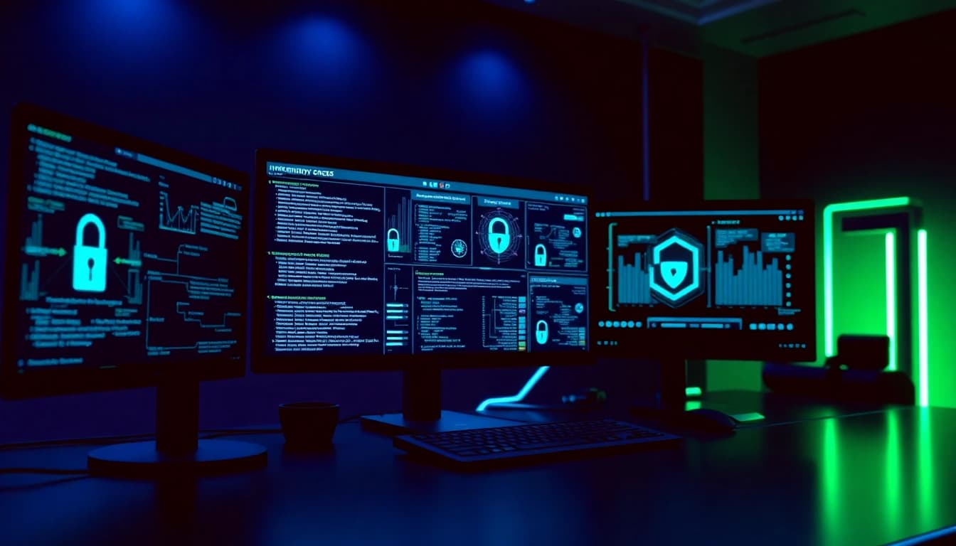 Cybersecurity AI workspace with futuristic tech, showcasing algorithms and security elements.