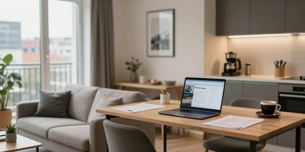 Monteurwohnung Hannover mit gemütlichem Wohnbereich und funktionellem Arbeitsplatz.