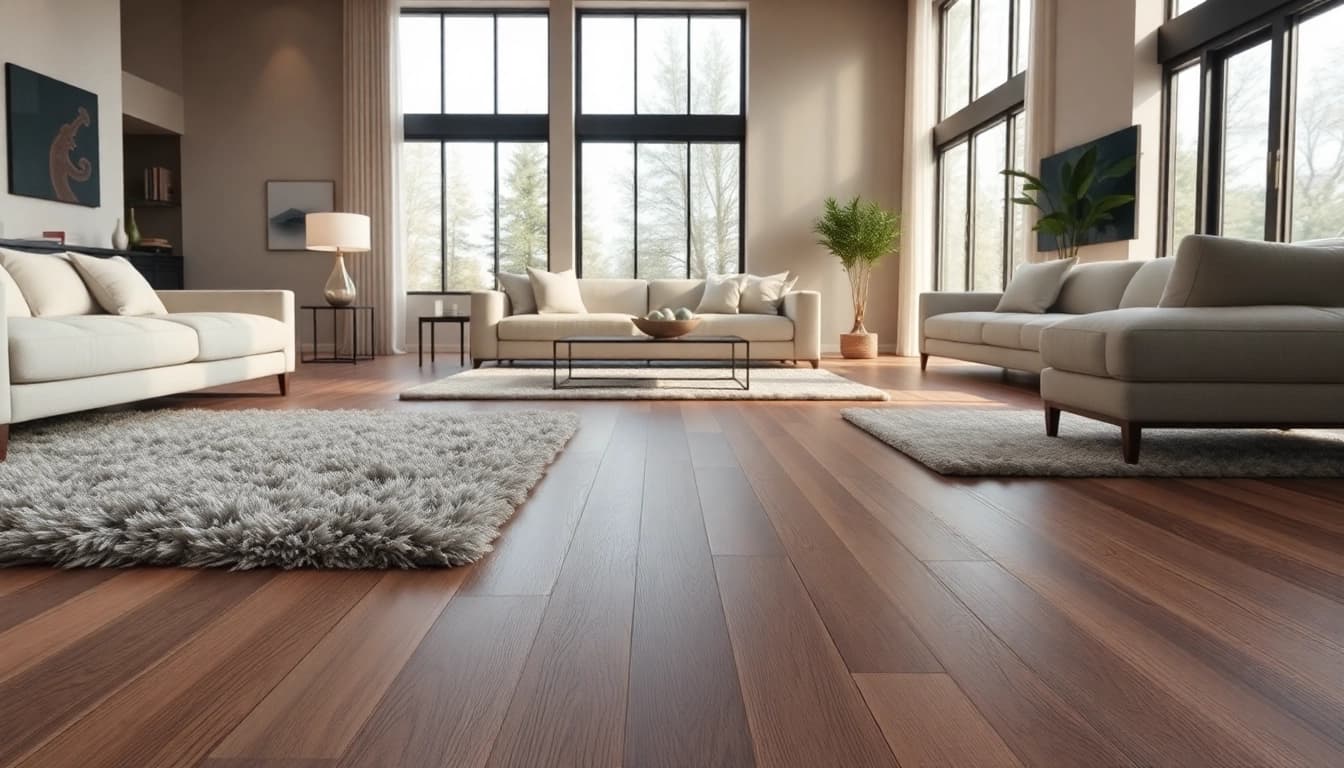 Showcase of luxury vinyl flooring in a modern living room, highlighting textures and natural light.