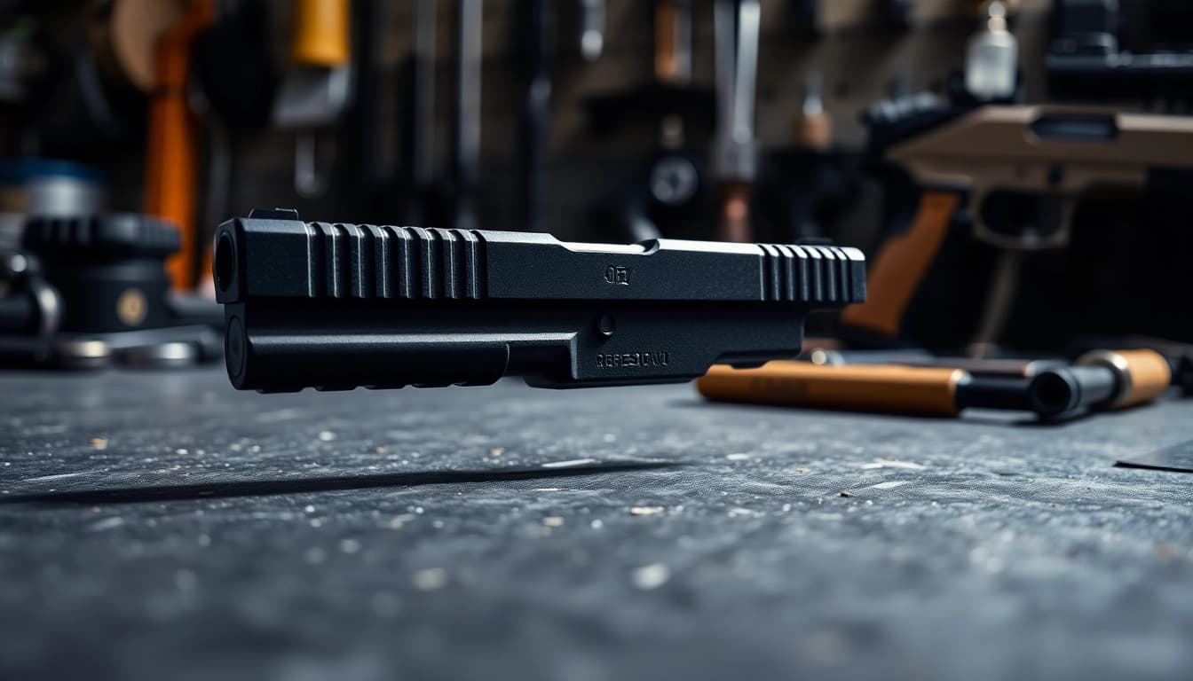 Shop the Glock 19 slide showcasing precision craftsmanship and design details.