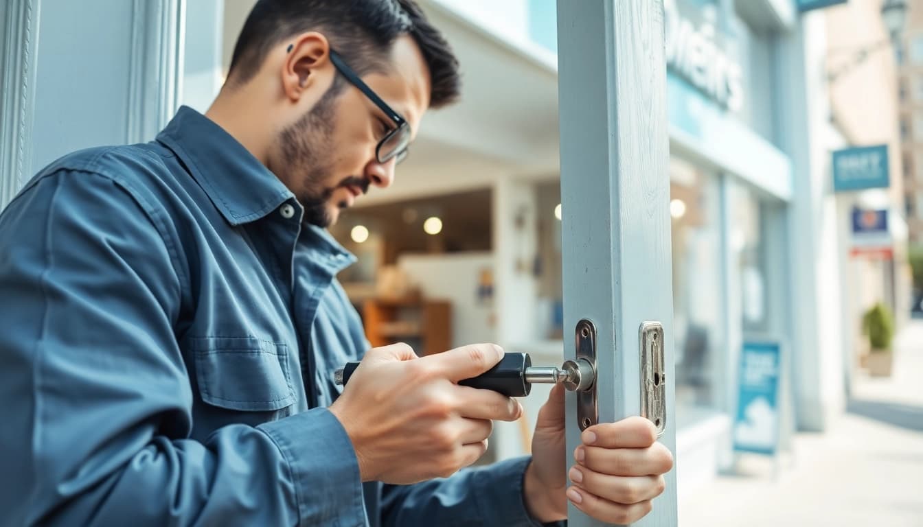 Locksmith near me expertly unlocking a door with essential tools in a friendly urban setting.