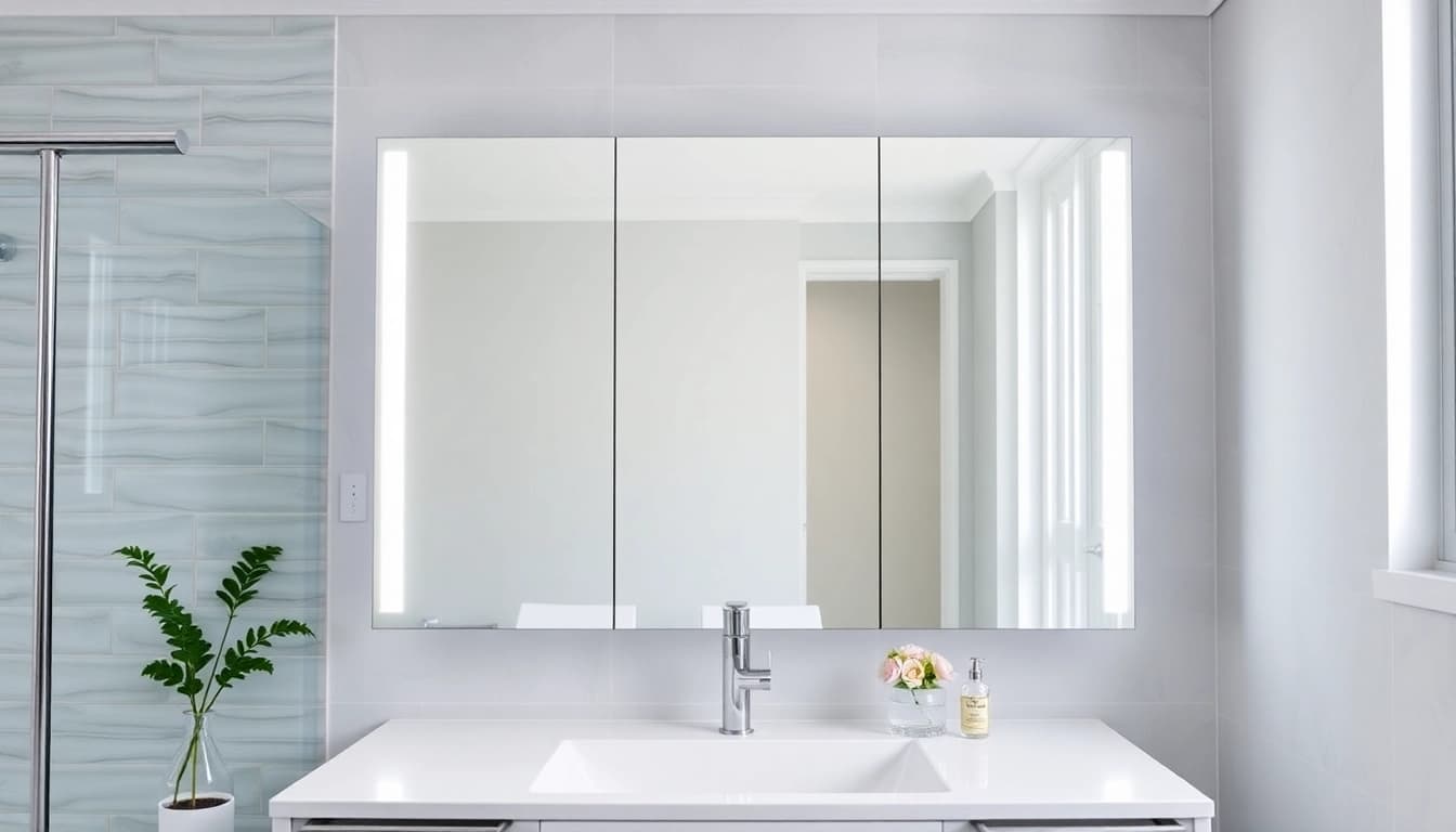 Elegant bathroom cabinet with mirror and light showcasing sophisticated design in a modern bathroom.