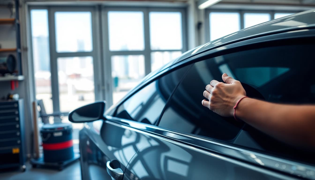 Apply premium window tint near me for a sleek car finish in a modern garage