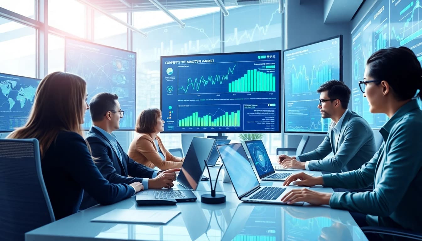 AI for competitive intelligence showcased in a collaborative digital workspace with analytics on screens.