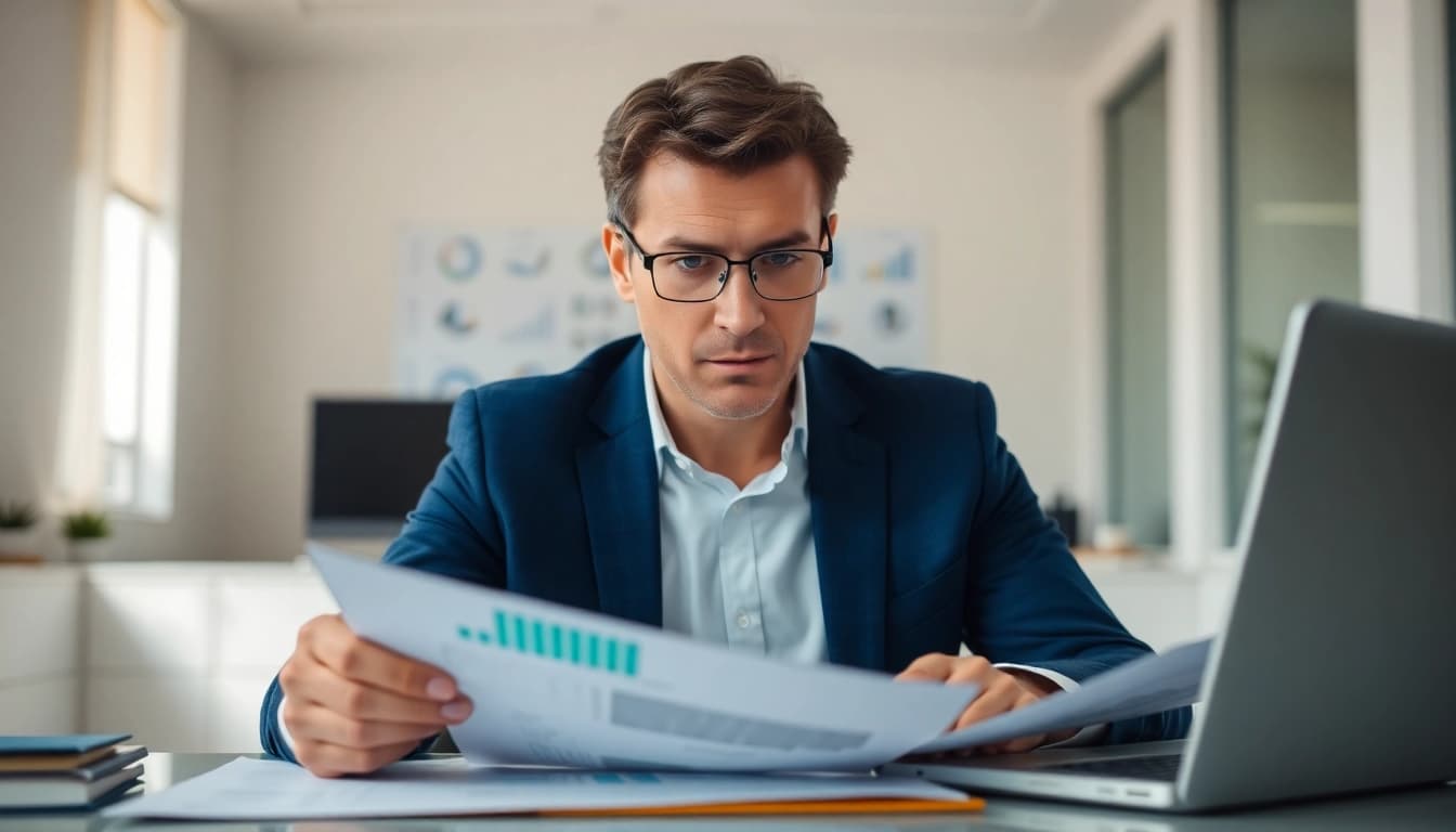 SMSF auditor reviewing financial records in a modern office setting.