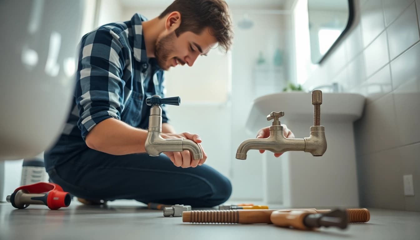 Bristol plumber repairing a faucet in a bright, modern bathroom setting.