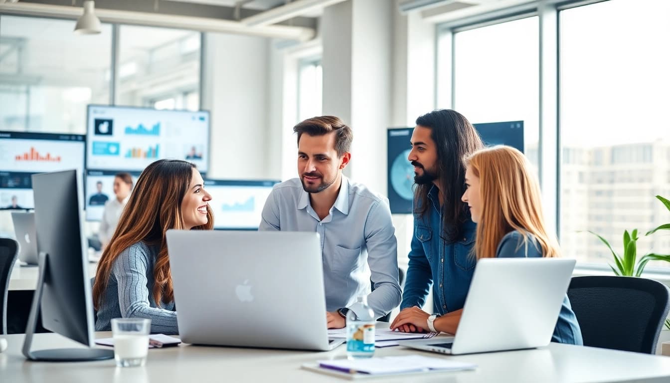 Engaging collaboration of a social media agency team analyzing strategies in a dynamic workspace.