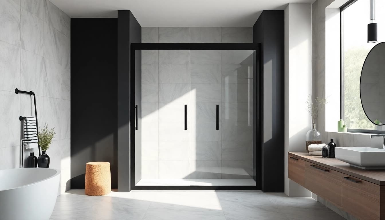 Enhance your bathroom with a stylish black shower sliding door featuring sleek glass and modern design.