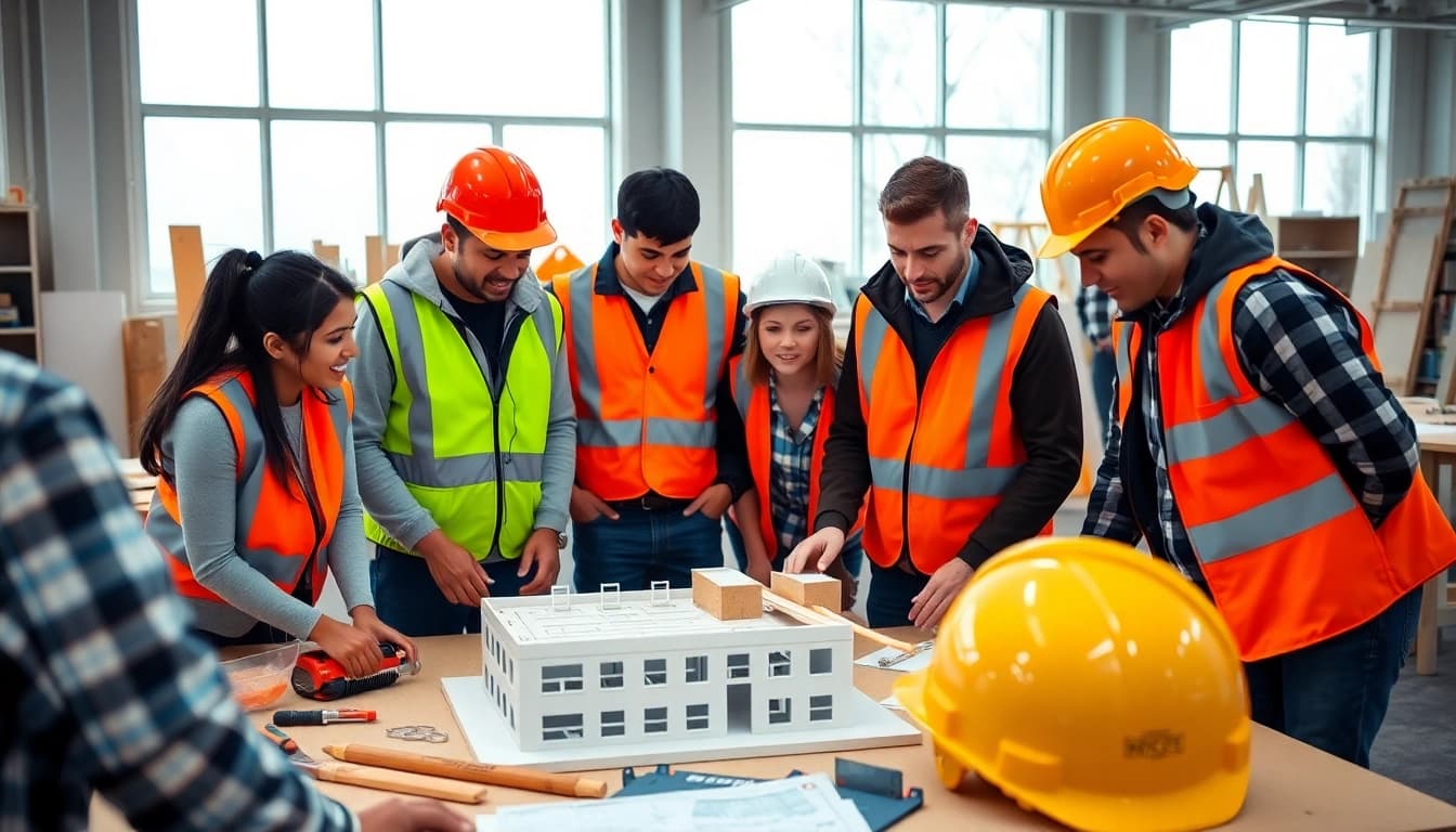 Students engaged in hands-on construction education Colorado in a modern classroom setting.