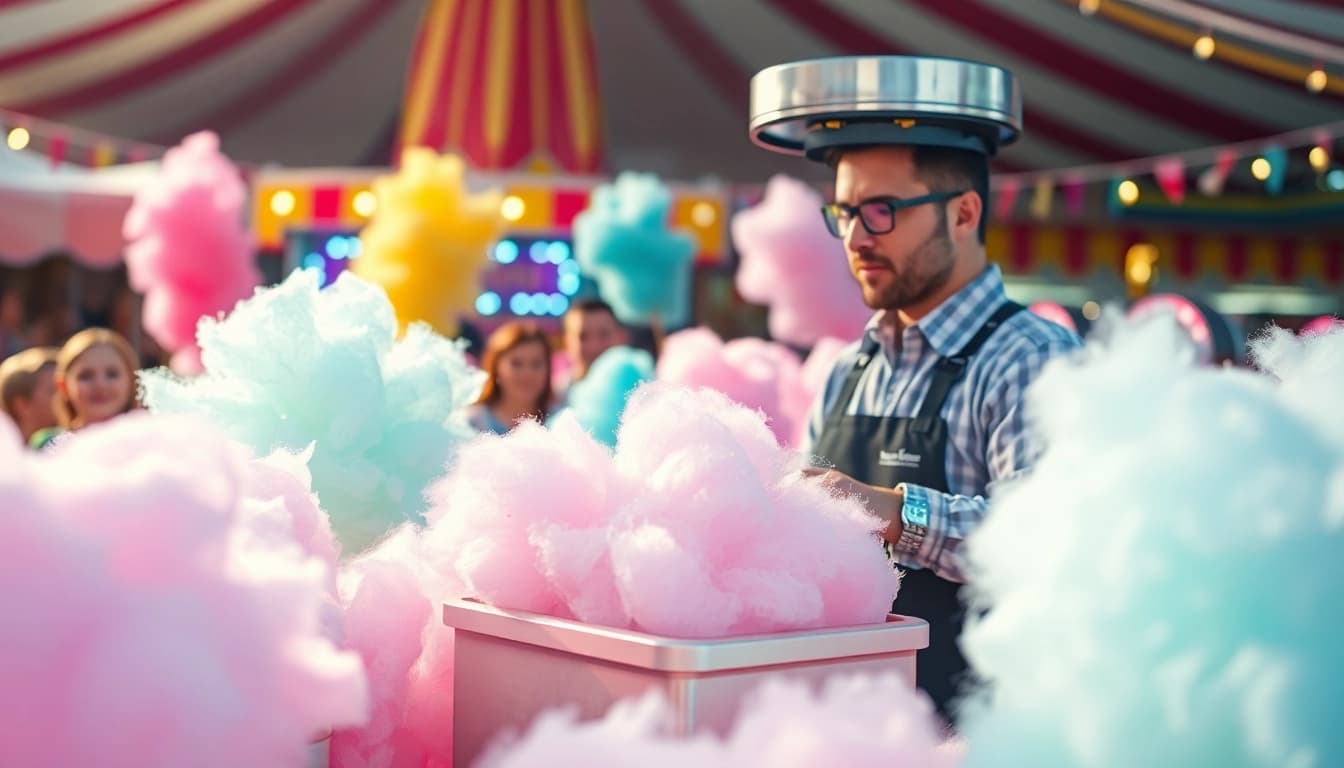 Geniet van goedkope wafelkatoen met kleurrijke suikerspin op een kermis.