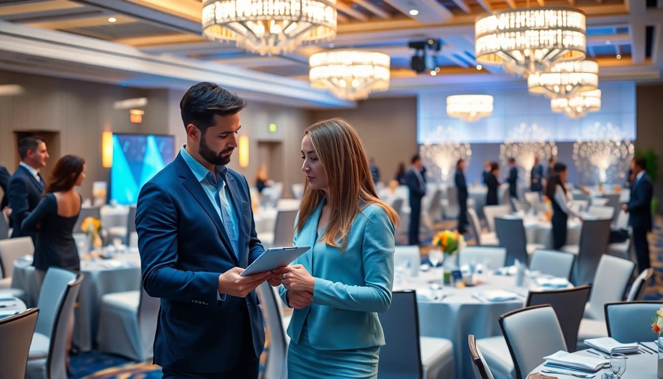 Professional corporate event planners coordinating an event showcasing engagement and precision.