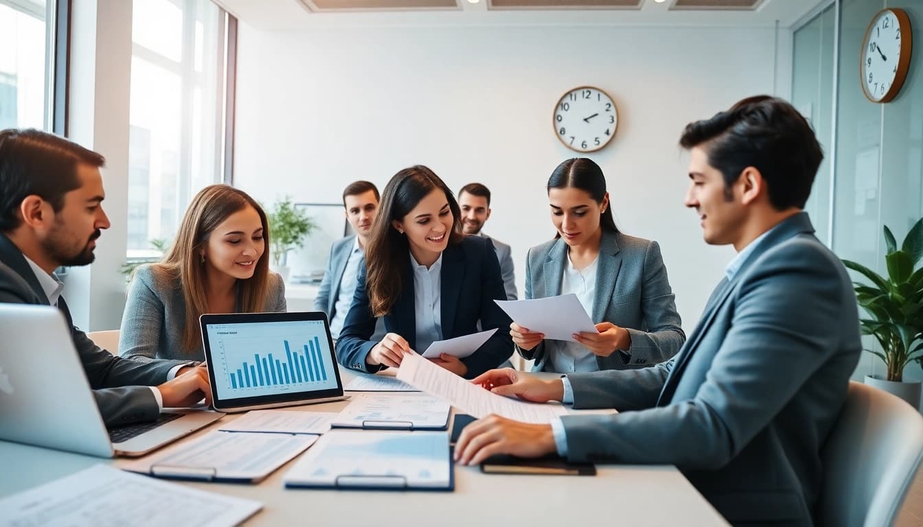 VAT Return Filing discussed by diverse business professionals in a modern office.