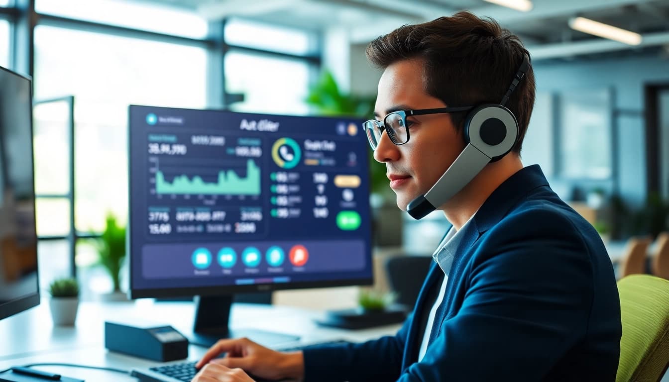 Engaging call center agent using an auto dialer in a professional office.