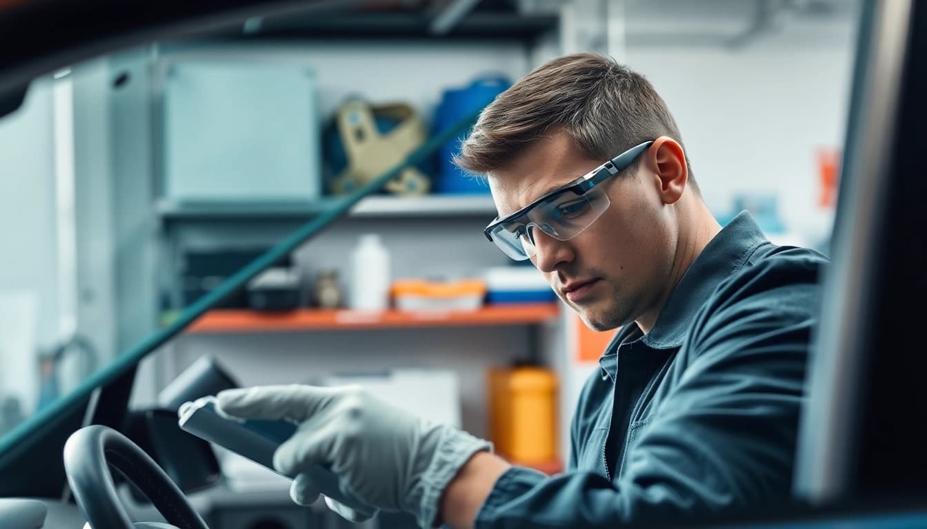 Technician performing side window replacement on a modern vehicle in a professional garage.