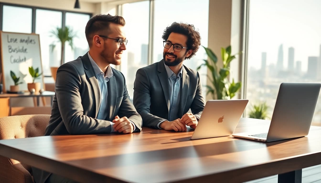 Empowered business coach in Los Angeles guiding clients to success in a bright office.