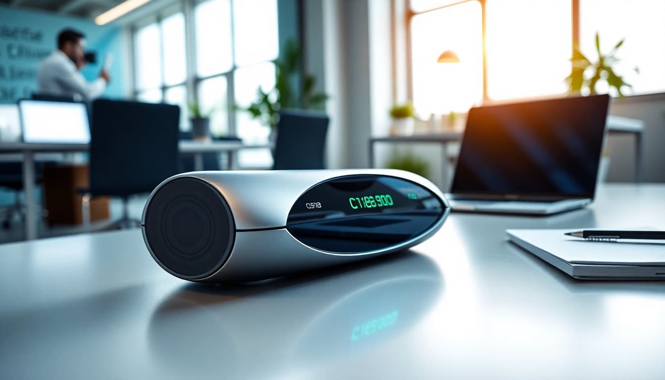 C168 technology device displayed in a modern office, showcasing innovation and sleek design.