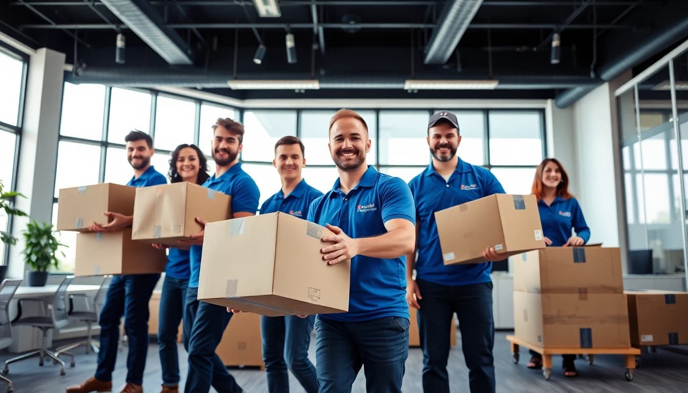 Experienced commercial movers efficiently packing an office space for relocation.