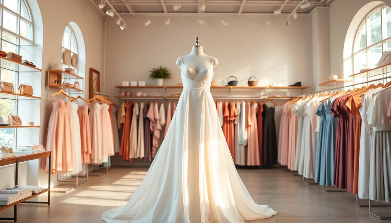 Discover elegant Rivelle clothing showcased in a boutique with inviting pastel hues and bright lighting.