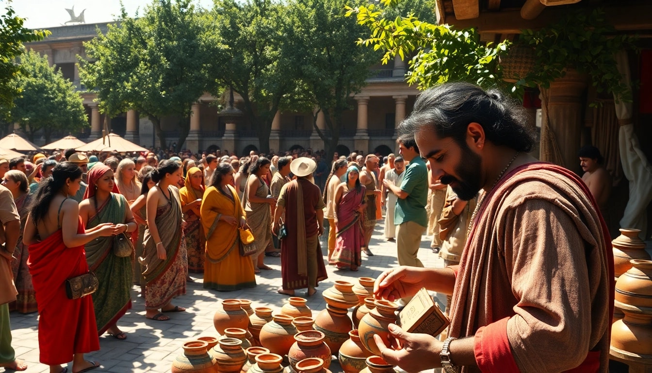 Illustrating traditional economy simple definition, merchants engage in product exchange at a vibrant marketplace.