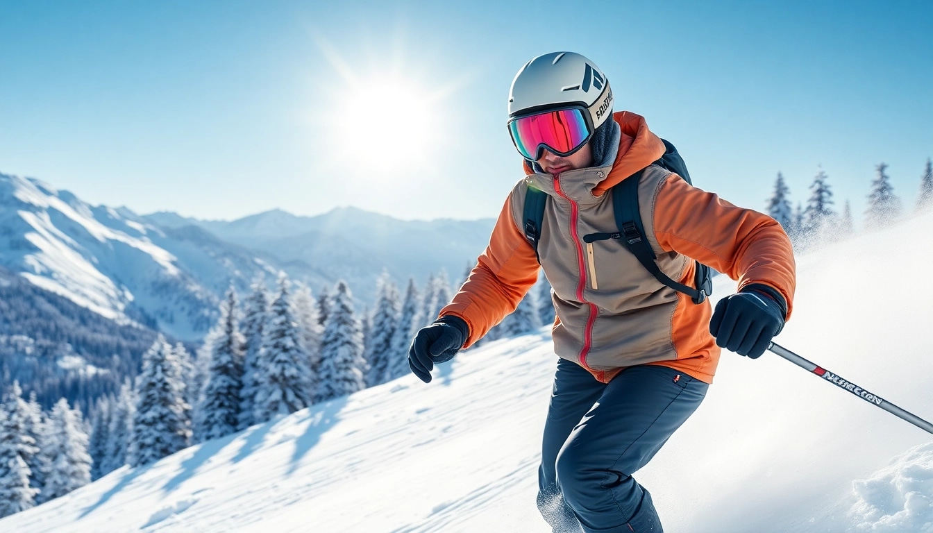 Athlete skiing in breathable snow gear, showcasing bright colors and snowy mountains.
