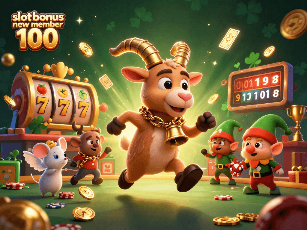 Experience excitement with slot bonus new member 100, featuring playful characters in a dynamic casino scene.