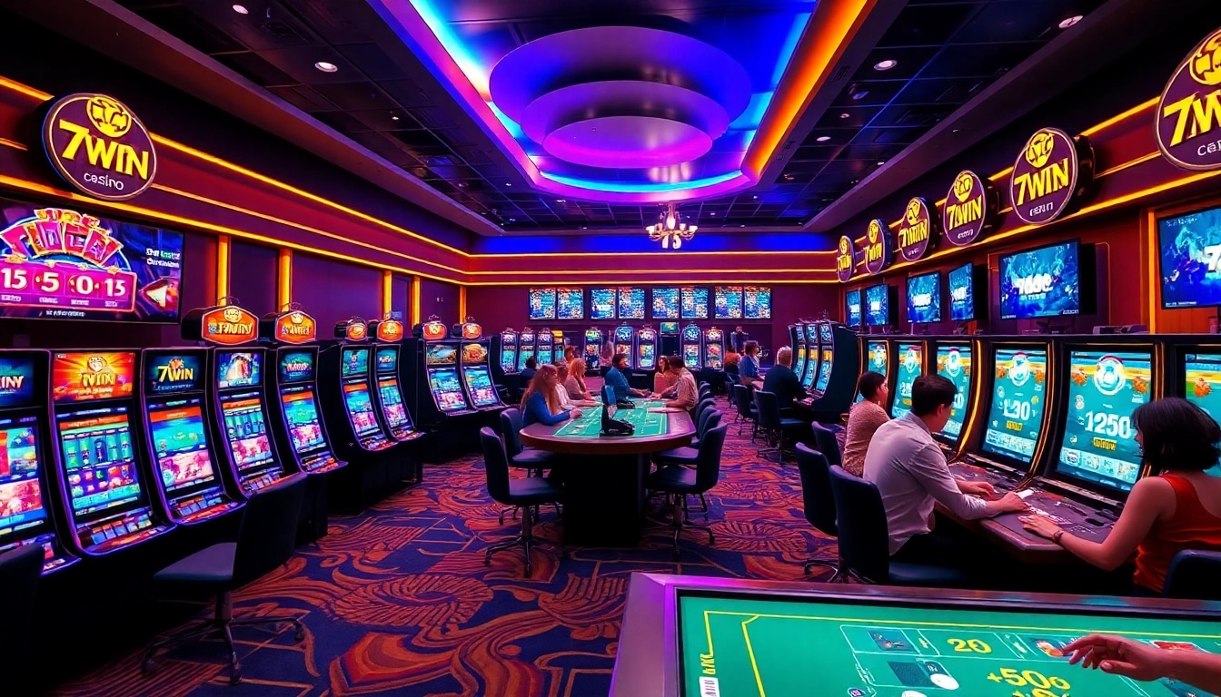 Experience the excitement at the vibrant 78WIN brand casino with digital interfaces and players celebrating wins.