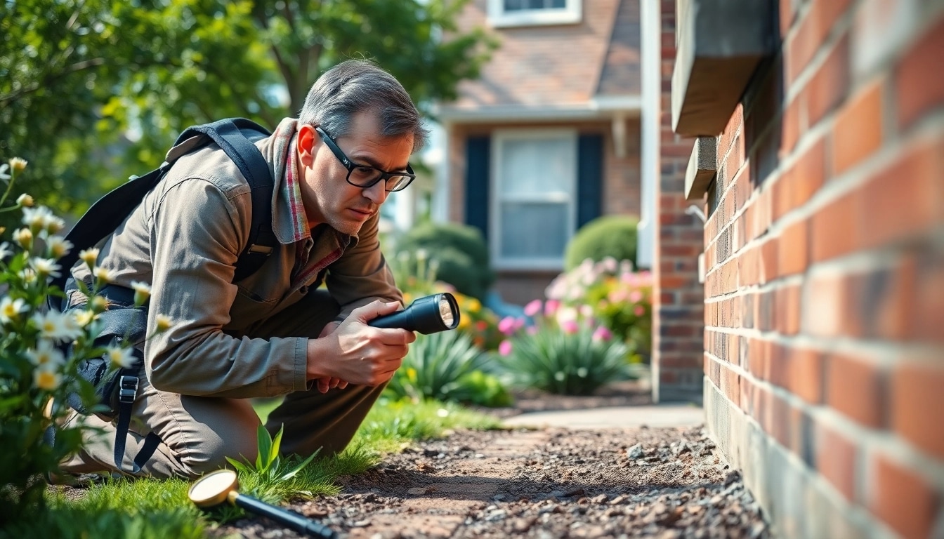Professional inspector conducting a nearby pest inspection in a residential garden setting.