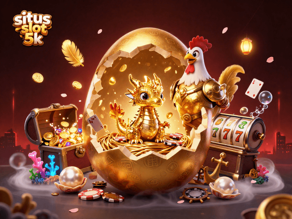 Engage with situs slot 5k through an exciting scene of dragons and gaming elements in a vibrant casino.