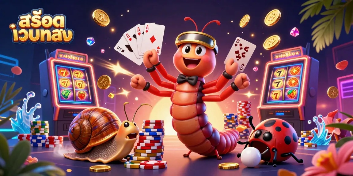 Experience exciting เกมสล็อต with สล็อตเว็บตรง, featuring vibrant slots, colorful poker chips, and lively characters.