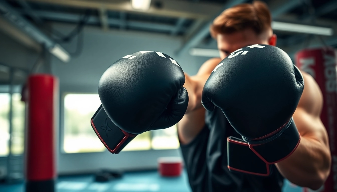 MMA gloves are displayed on a fighter demonstrating a high kick in a training gym.
